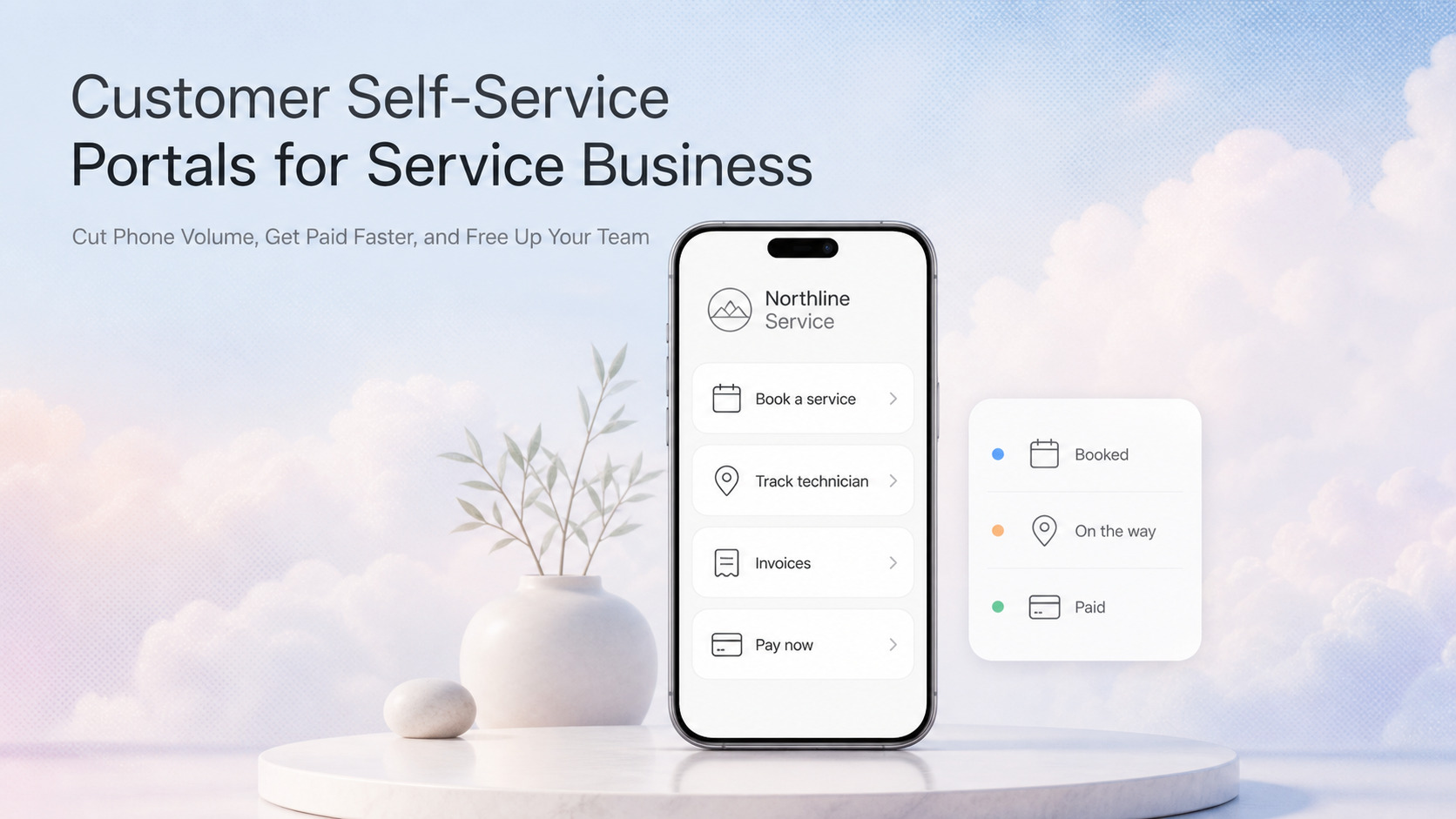 Light-mode SaaS customer portal mockup showing a job booking screen, technician ETA tracker, invoice with pay button, and message thread on a soft atmospheric backdrop