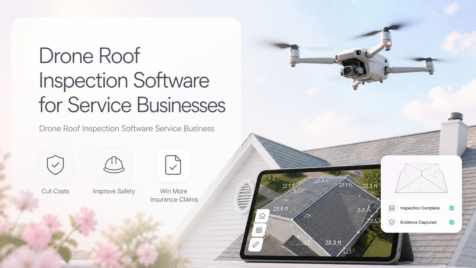 Editorial illustration of a drone roof inspection dashboard showing aerial roof tiles, AI damage annotations, and an insurance-ready report export